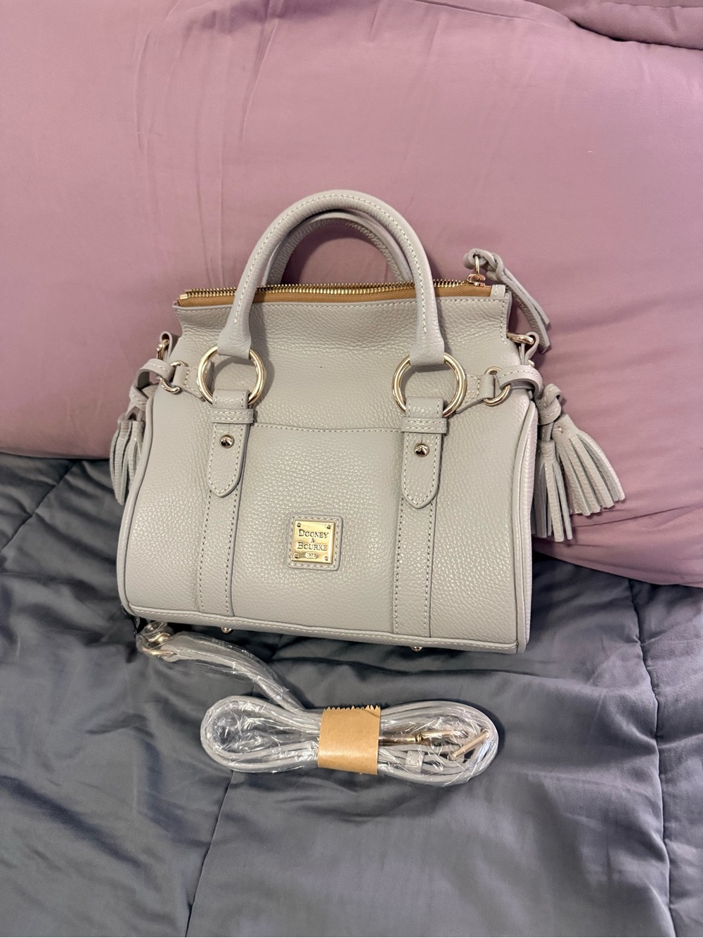 Dooney & Bourke Pebble Leather Luca Satchel - Light Gray with Gold Hardware